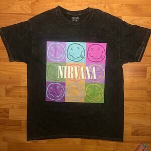 Nirvana Smiley Face Distressed Wash Graphic T-shirt Large
